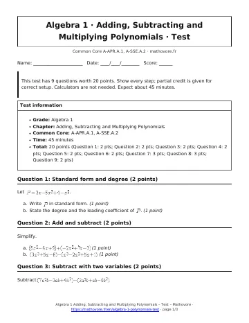 Page 1 of the Algebra 1 Adding, Subtracting and Multiplying Polynomials test PDF