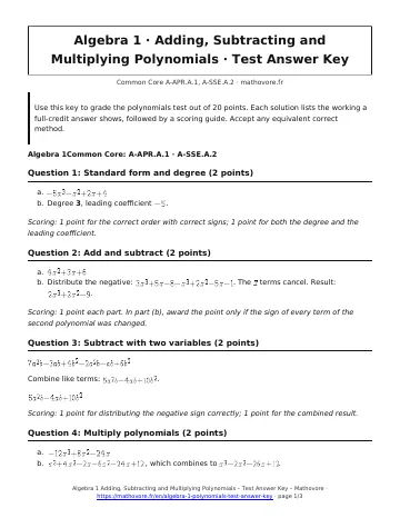 Page 1 of the Algebra 1 Adding, Subtracting and Multiplying Polynomials test answer key PDF