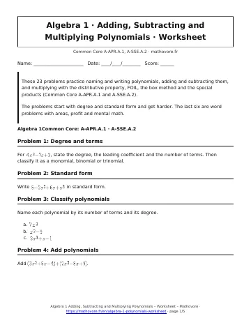 Page 1 of the Algebra 1 Adding, Subtracting and Multiplying Polynomials worksheet PDF