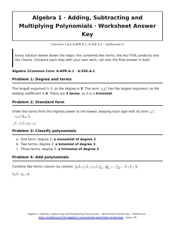 Page 1 of the Algebra 1 Adding, Subtracting and Multiplying Polynomials worksheet answer key PDF