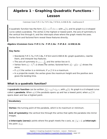 Page 1 of the Algebra 1 Graphing Quadratic Functions lesson PDF