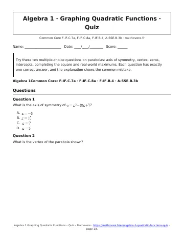Page 1 of the Algebra 1 Graphing Quadratic Functions quiz PDF