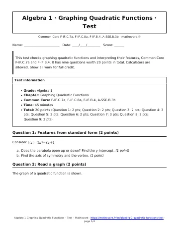 Page 1 of the Algebra 1 Graphing Quadratic Functions test PDF