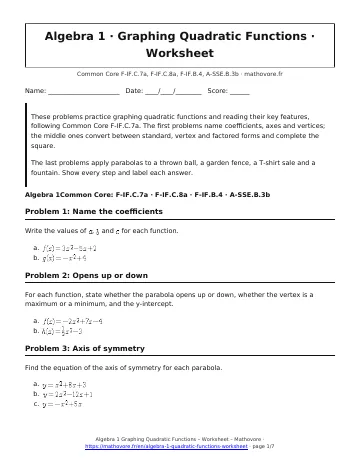 Page 1 of the Algebra 1 Graphing Quadratic Functions worksheet PDF
