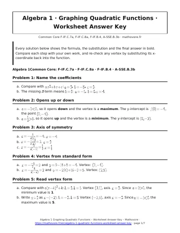 Page 1 of the Algebra 1 Graphing Quadratic Functions worksheet answer key PDF
