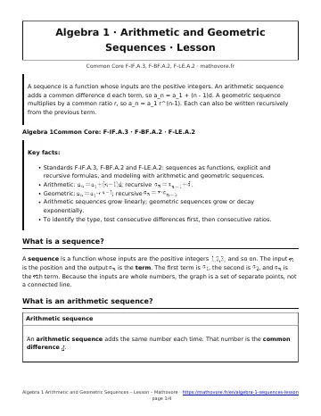 Page 1 of the Algebra 1 Arithmetic and Geometric Sequences lesson PDF