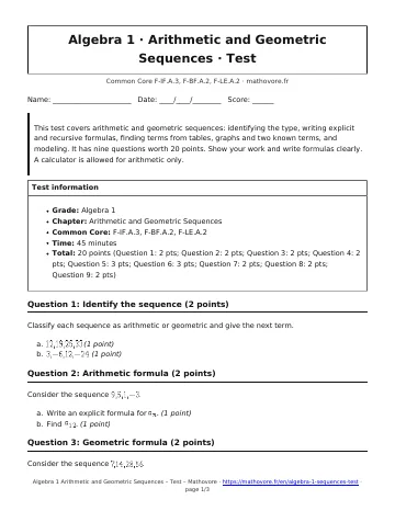 Page 1 of the Algebra 1 Arithmetic and Geometric Sequences test PDF
