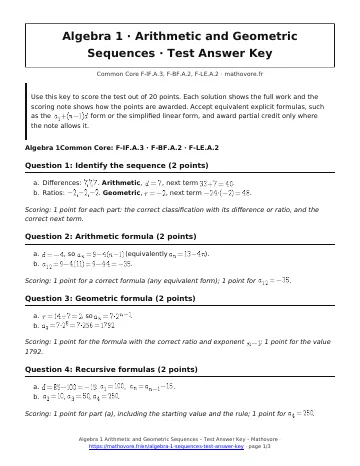 Page 1 of the Algebra 1 Arithmetic and Geometric Sequences test answer key PDF