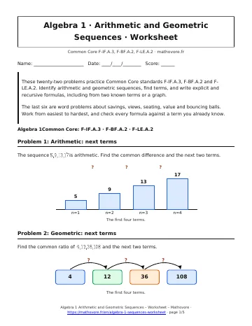 Page 1 of the Algebra 1 Arithmetic and Geometric Sequences worksheet PDF