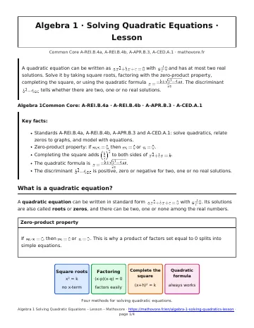 Page 1 of the Algebra 1 Solving Quadratic Equations lesson PDF
