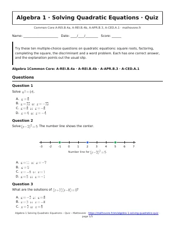 Page 1 of the Algebra 1 Solving Quadratic Equations quiz PDF