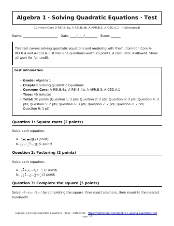 Page 1 of the Algebra 1 Solving Quadratic Equations test PDF