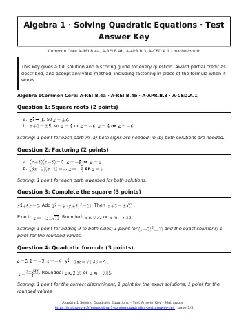Page 1 of the Algebra 1 Solving Quadratic Equations test answer key PDF