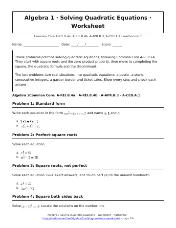 Page 1 of the Algebra 1 Solving Quadratic Equations worksheet PDF