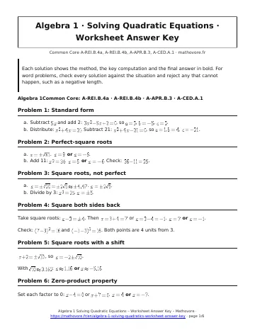 Page 1 of the Algebra 1 Solving Quadratic Equations worksheet answer key PDF