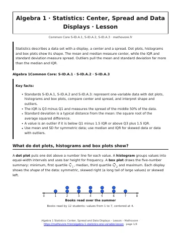 Page 1 of the Algebra 1 Statistics: Center, Spread and Data Displays lesson PDF