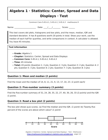 Page 1 of the Algebra 1 Statistics: Center, Spread and Data Displays test PDF