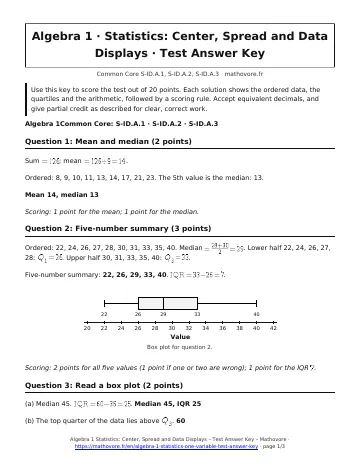 Page 1 of the Algebra 1 Statistics: Center, Spread and Data Displays test answer key PDF