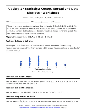 Page 1 of the Algebra 1 Statistics: Center, Spread and Data Displays worksheet PDF