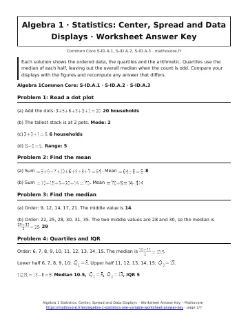 Page 1 of the Algebra 1 Statistics: Center, Spread and Data Displays worksheet answer key PDF