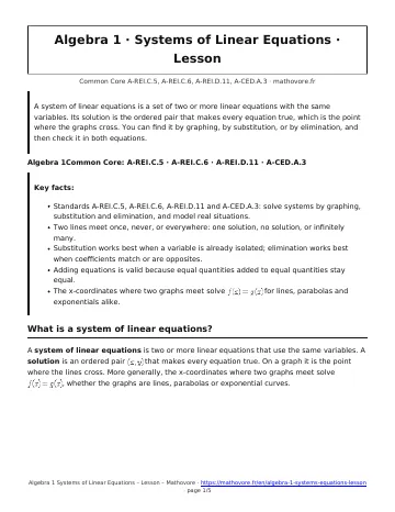Page 1 of the Algebra 1 Systems of Linear Equations lesson PDF