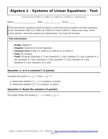 Page 1 of the Algebra 1 Systems of Linear Equations test PDF