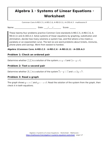 Page 1 of the Algebra 1 Systems of Linear Equations worksheet PDF