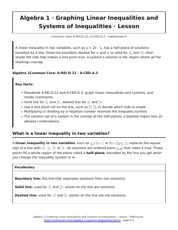Page 1 of the Algebra 1 Graphing Linear Inequalities and Systems of Inequalities lesson PDF