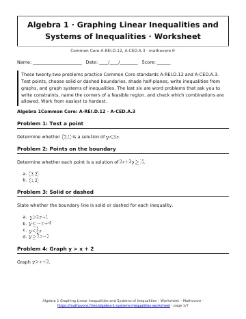 Page 1 of the Algebra 1 Graphing Linear Inequalities and Systems of Inequalities worksheet PDF
