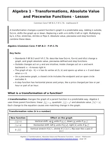 Page 1 of the Algebra 1 Transformations, Absolute Value and Piecewise Functions lesson PDF