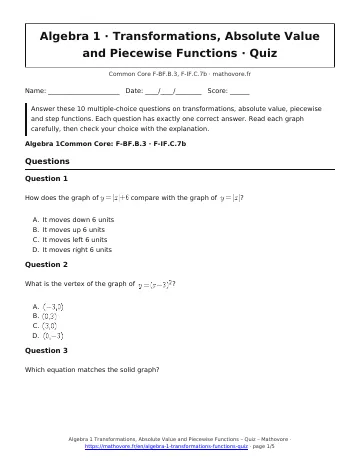 Page 1 of the Algebra 1 Transformations, Absolute Value and Piecewise Functions quiz PDF