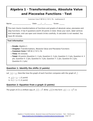 Page 1 of the Algebra 1 Transformations, Absolute Value and Piecewise Functions test PDF