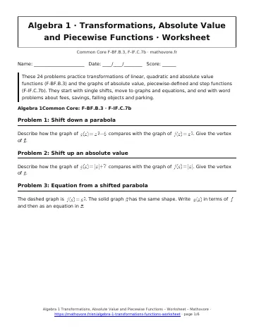Page 1 of the Algebra 1 Transformations, Absolute Value and Piecewise Functions worksheet PDF