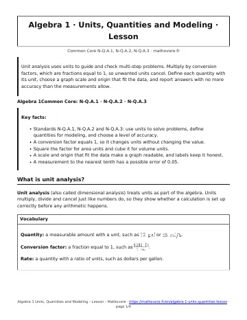 Page 1 of the Algebra 1 Units, Quantities and Modeling lesson PDF