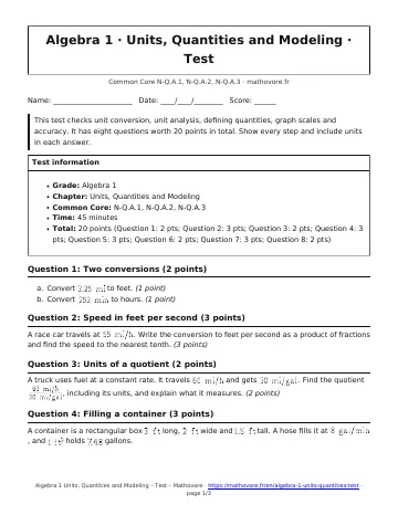 Page 1 of the Algebra 1 Units, Quantities and Modeling test PDF