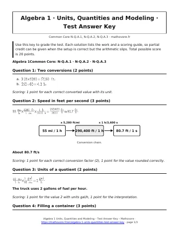Page 1 of the Algebra 1 Units, Quantities and Modeling test answer key PDF