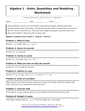 Page 1 of the Algebra 1 Units, Quantities and Modeling worksheet PDF