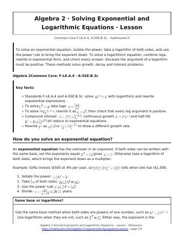 Page 1 of the Algebra 2 Solving Exponential and Logarithmic Equations lesson PDF