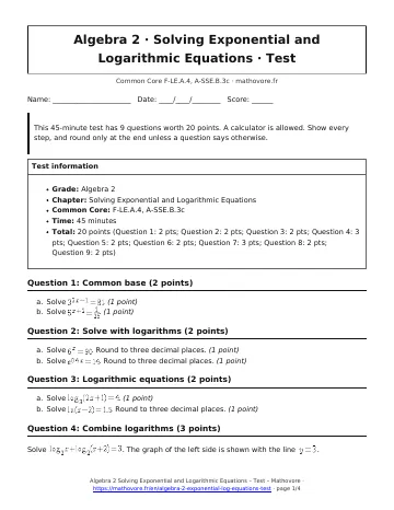 Page 1 of the Algebra 2 Solving Exponential and Logarithmic Equations test PDF