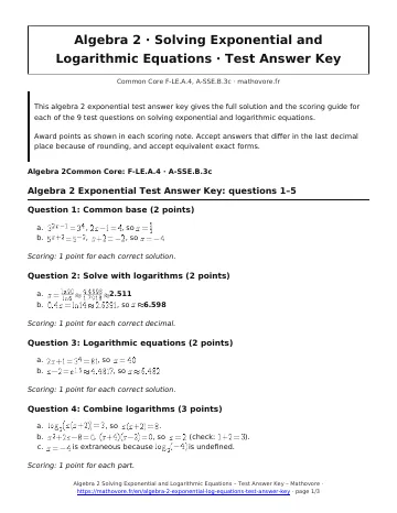 Page 1 of the Algebra 2 Solving Exponential and Logarithmic Equations test answer key PDF
