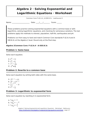 Page 1 of the Algebra 2 Solving Exponential and Logarithmic Equations worksheet PDF