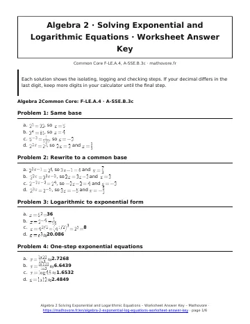 Page 1 of the Algebra 2 Solving Exponential and Logarithmic Equations worksheet answer key PDF