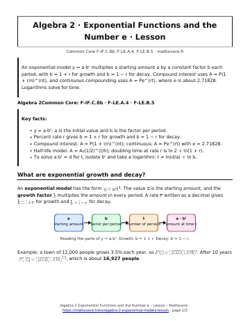 Page 1 of the Algebra 2 Exponential Functions and the Number e lesson PDF