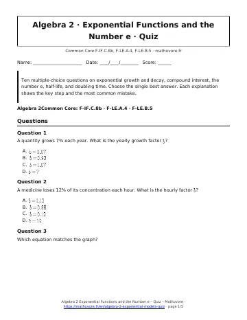 Page 1 of the Algebra 2 Exponential Functions and the Number e quiz PDF