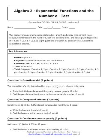 Page 1 of the Algebra 2 Exponential Functions and the Number e test PDF