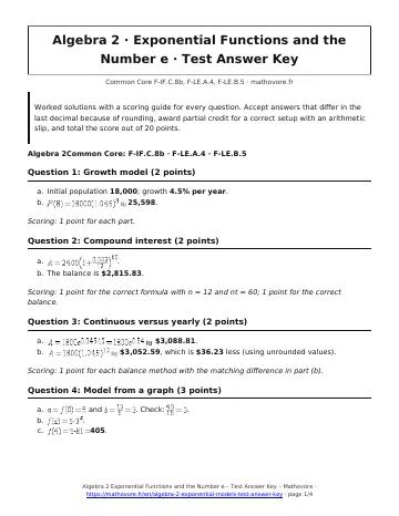 Page 1 of the Algebra 2 Exponential Functions and the Number e test answer key PDF