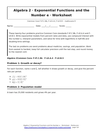 Page 1 of the Algebra 2 Exponential Functions and the Number e worksheet PDF