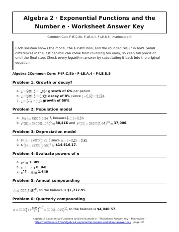 Page 1 of the Algebra 2 Exponential Functions and the Number e worksheet answer key PDF
