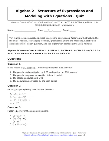 Page 1 of the Algebra 2 Structure of Expressions and Modeling with Equations quiz PDF