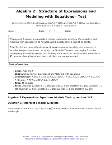 Page 1 of the Algebra 2 Structure of Expressions and Modeling with Equations test PDF